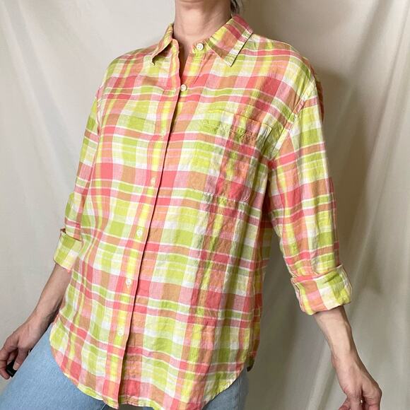 Vintage Tops - Vintage linen button-down shirt long sleeve plaid blouse watermelon pink green M